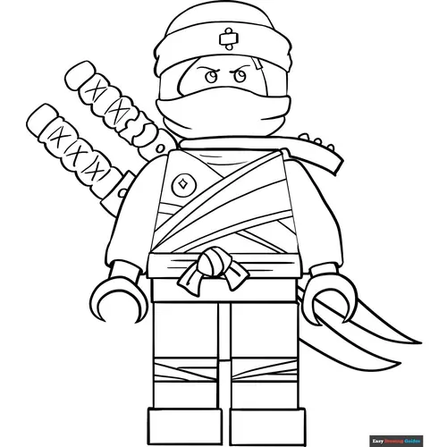 31 Ninja đứng thẳng trong hình tô màu ninja, một tay chống hông và tay kia cầm cuộn bí thuật.