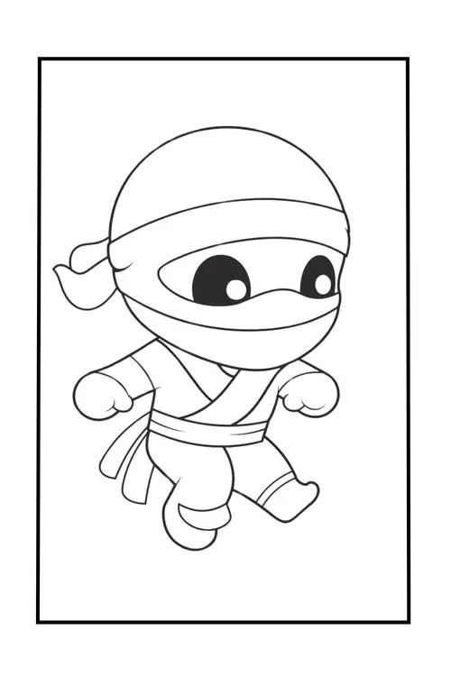 32 Cậu bé cười nhẹ bên bộ tranh ninja, mặc võ phục đơn giản và đeo thanh kiếm gỗ sau lưng.