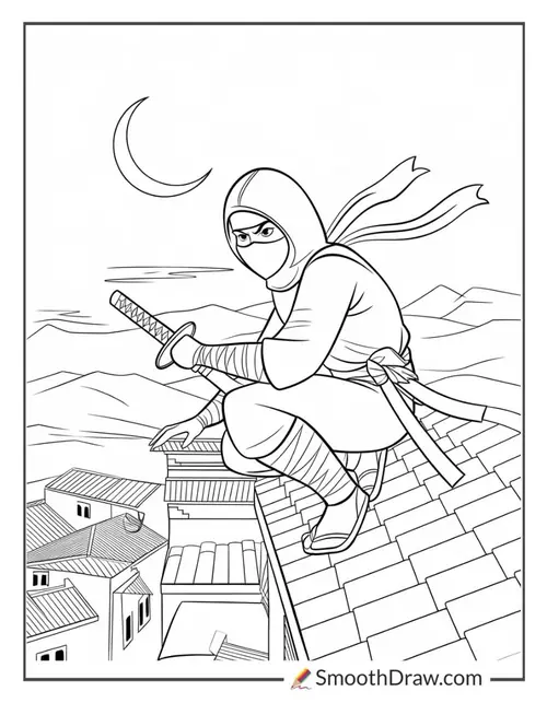 24 Lớp ngói trên mái nhà xếp đều phía sau ninja, bên cạnh là ống khói nhỏ và cành cây vươn ngang.