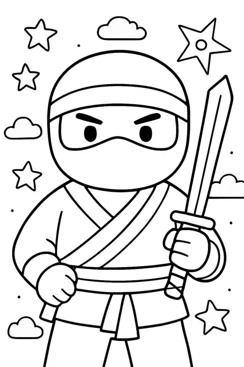 33 Nhân vật bật qua bức tường thấp trong mẫu tô màu ninja, hai chân co lại và áo choàng mở rộng.