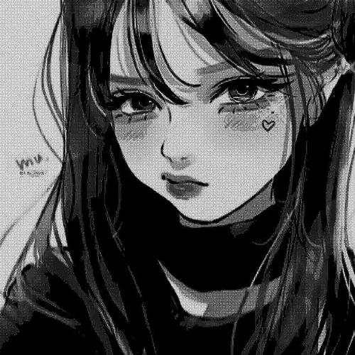 Cô gái tóc đen nhìn thẳng với môi khép và cổ áo cao, má điểm hình tim nhỏ khiến hình anime đen trắng đáng yêu cá tính mềm hơn.
