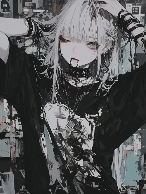 Trong ảnh anime trắng đen cute ngầu, cô gái tóc sáng mặc váy đen nhiều chi tiết, miệng mở nhẹ như đang hát giữa nền tối.