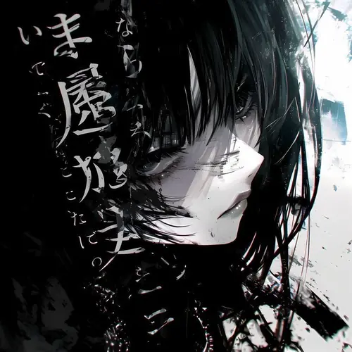 Một dáng ngồi khép nép của búp bê gothic với váy bèo, mái tóc thẳng và đôi môi nhạt tạo nên ảnh anime trắng đen cute ngầu vừa lạ vừa dịu.