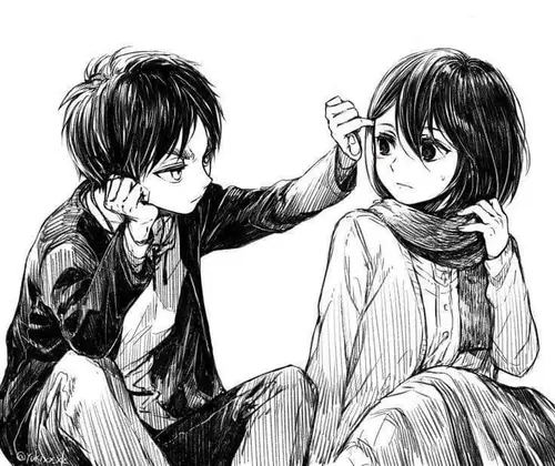 Hai nhân vật ngồi đối diện trên nền trắng, cậu bé đưa tay chạm nhẹ mái tóc cô gái, tạo khoảnh khắc gần gũi và tinh nghịch.