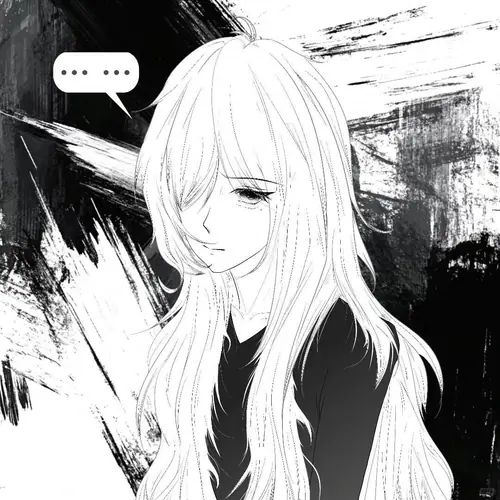 Cô gái tóc trắng cúi đầu bên bong bóng thoại nhỏ, áo tối màu và nền cọ xước làm tranh anime đơn sắc dễ thương lạnh lùng trông nghệ.
