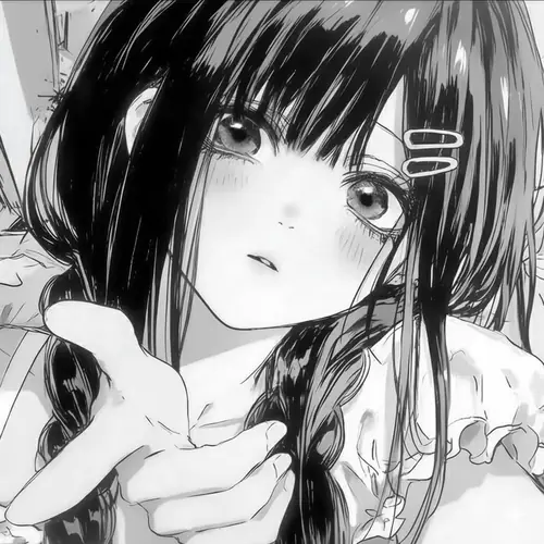 Cô gái tóc đen chìa tay ra trước ống kính, mắt mở trong và kẹp tóc nhỏ khiến avatar anime trắng đen xinh mà chất rất hợp mắt.