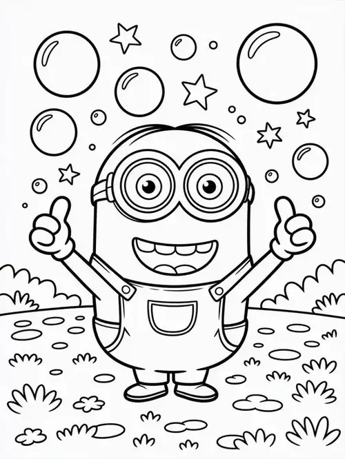 8 Agnes ôm kỳ lân bên Minion đang vẫy tay trong trang tô màu Minion dành cho bé nhỏ.