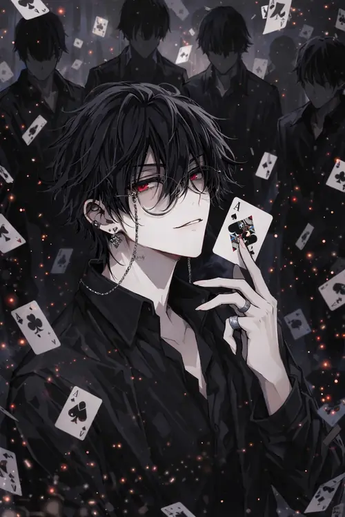 Trong ảnh anime trắng đen cute ngầu, chàng trai áo họa tiết đứng giữa những lá bài, ngón tay đặt gần môi và mắt đỏ làm điểm nhấn.