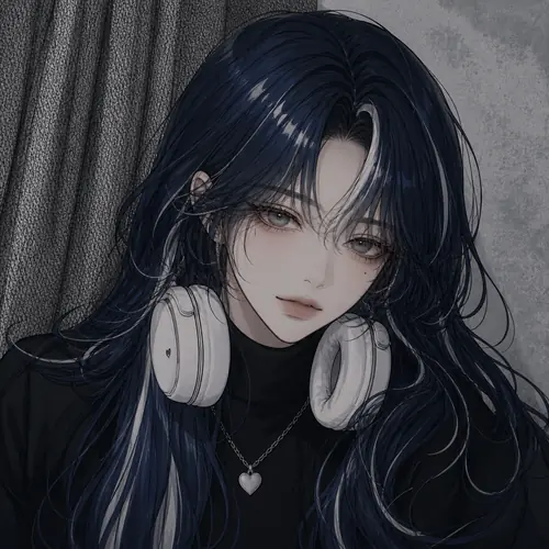 Tai nghe trắng nằm quanh cổ cô gái tóc xanh đen, ánh mắt chậm và rèm phía sau khiến minh họa anime tông xám xinh cá tính rất mềm.
