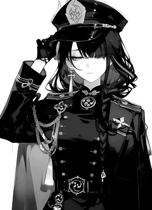 Ảnh anime trắng đen cute ngầu khép lại bằng cô gái đội mũ quân phục, tay chạm vành mũ, áo đen đính dây xích rất chỉn chu.