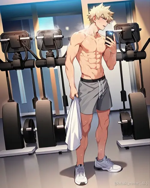 9 Chàng tóc vàng trong phòng gym cầm chai nước, quần short xám và nụ cười nhẹ
