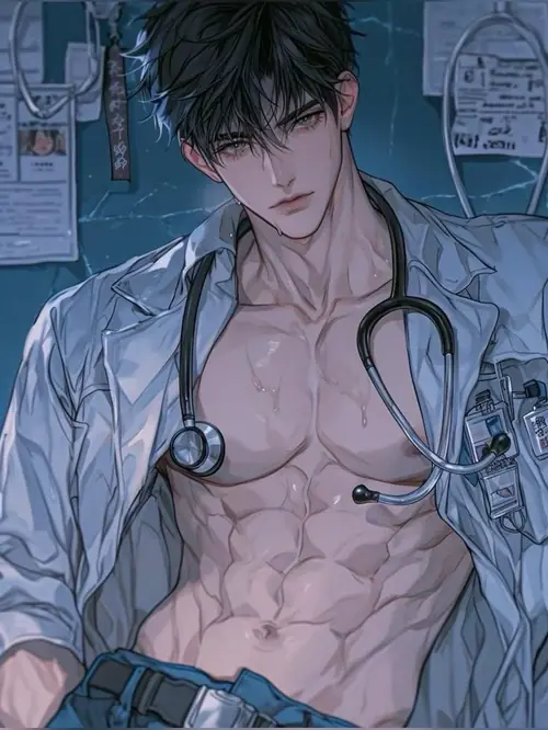 18 Dưới ánh xanh bệnh viện, nam anime cơ bắp mặc blouse mở cổ, mặt trầm và đeo ống nghe