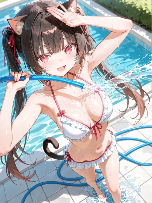 5 Cô gái anime tóc nâu buộc nơ đỏ mặc đồ bơi hai mảnh trắng hồng bên hồ xanh