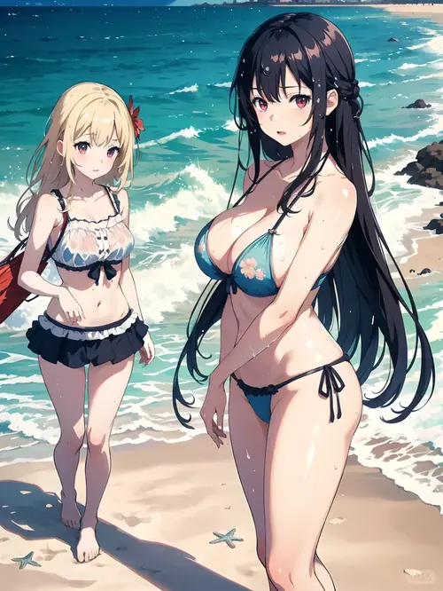 8 Trên bờ cát có hai nhân vật anime, cô tóc đen diện bikini xanh bên cô bạn váy sáng