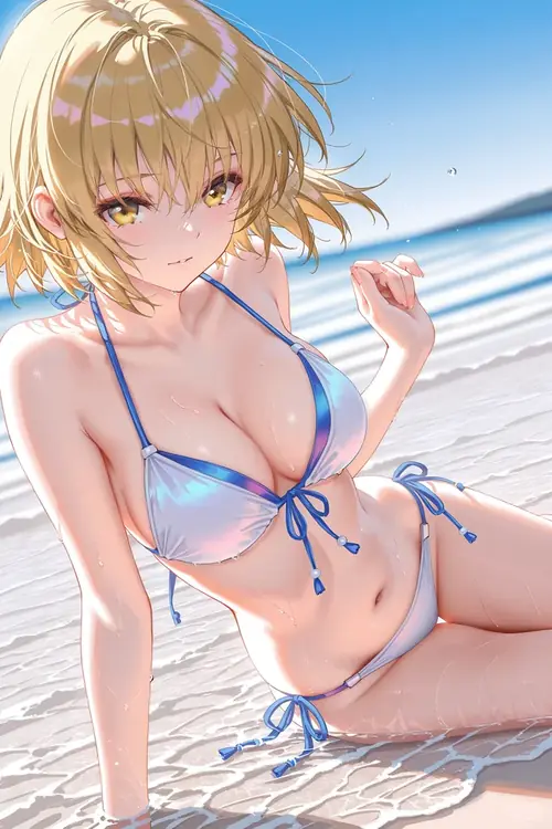 19 Cô nàng tóc vàng ngồi cạnh hồ bơi, bikini xanh dây mảnh và tay đặt sau đầu