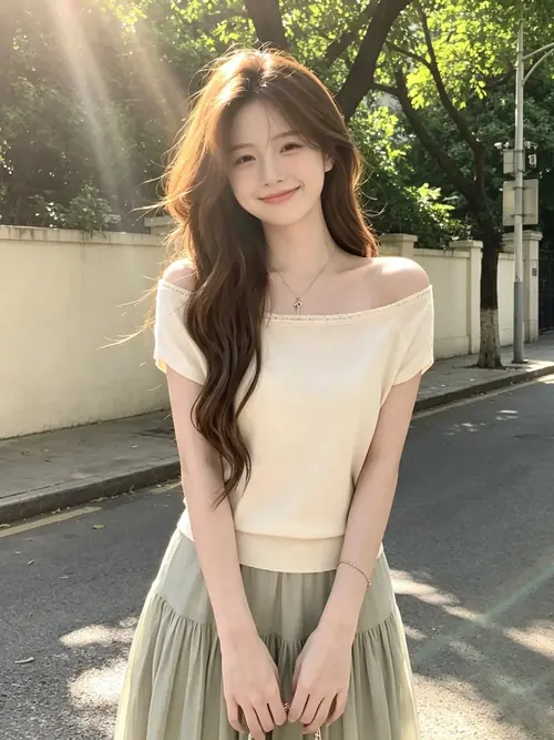 20 Dưới vệt nắng trên phố, nàng thơ Nhật áo trễ vai màu kem đứng nghiêng, tóc xoăn xõa