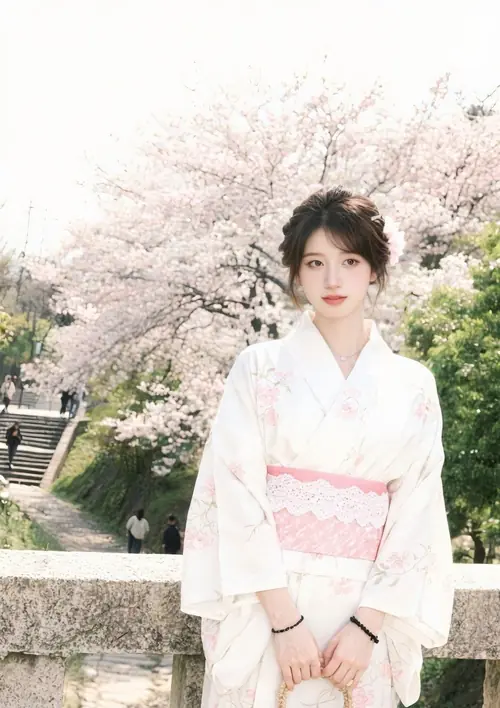 21 Cô gái mặc kimono trắng ngồi dưới tán hoa anh đào, hai tay đặt gọn trên đùi
