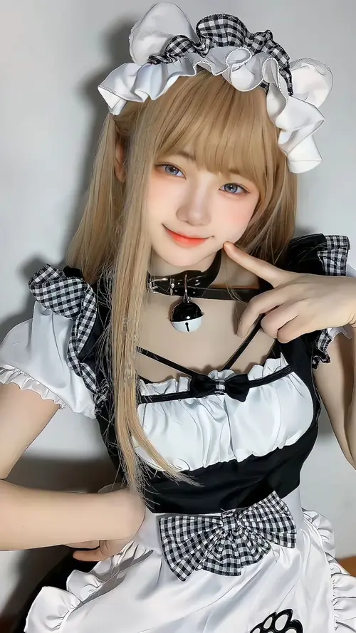 1 Cô nàng tóc vàng cosplay hầu gái nghiêng mặt nhẹ, váy đen trắng và nơ cổ gọn