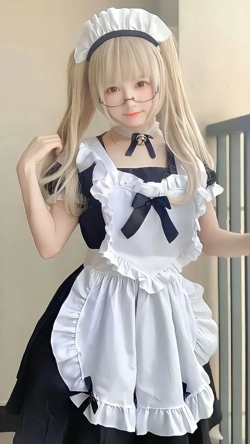 5 Mái tóc vàng buông thẳng, cô nàng maid cosplay diện nơ xanh và tạp dề trắng gọn mắt