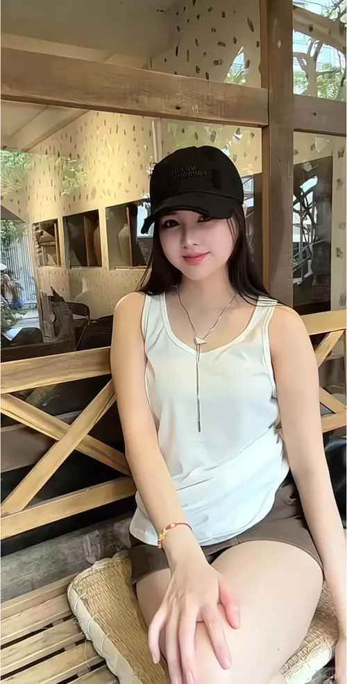 8 Trên ghế mây ngoài quán, cô nàng đội mũ đen mặc áo trắng, ngồi khép gối