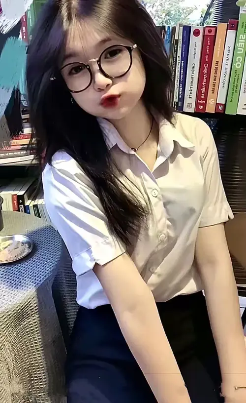 4 Trong góc học tập, nữ sinh áo sơ mi trắng đeo cà vạt đen ngồi nghiêng bên kệ sách