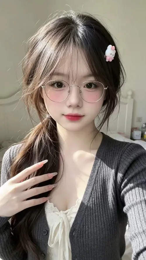 6 Dưới ánh đèn phòng, cô nàng mắt kiếng tóc buộc hai bên mặc cardigan xám nhìn thẳng ống kính