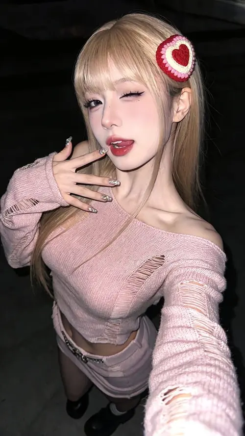 5 Ánh đèn tối chiếu lên cool girl tóc vàng, áo hồng lệch vai và kẹp tóc trái tim nổi bật
