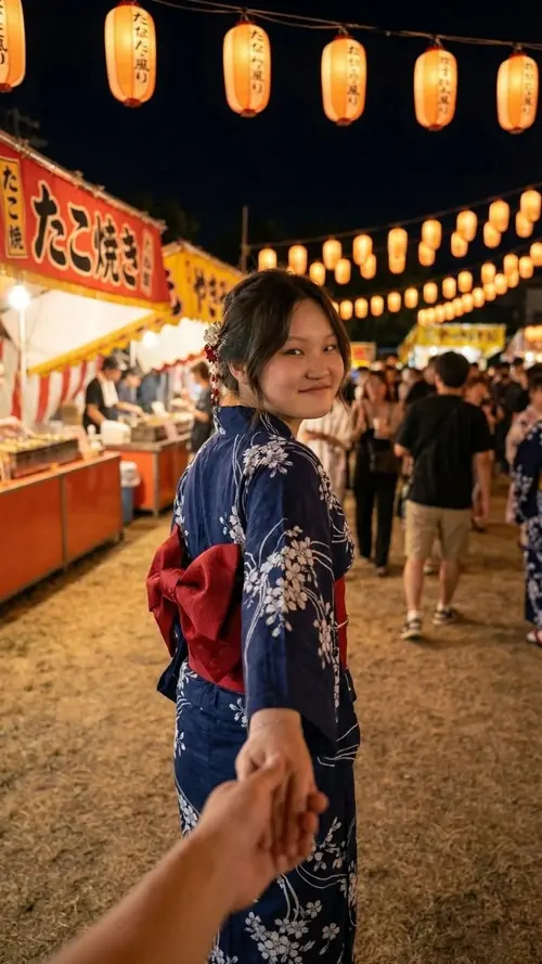 7 Bạn nữ mặc yukata xanh nắm tay người chụp giữa lễ hội đêm, đèn lồng vàng sáng phía sau