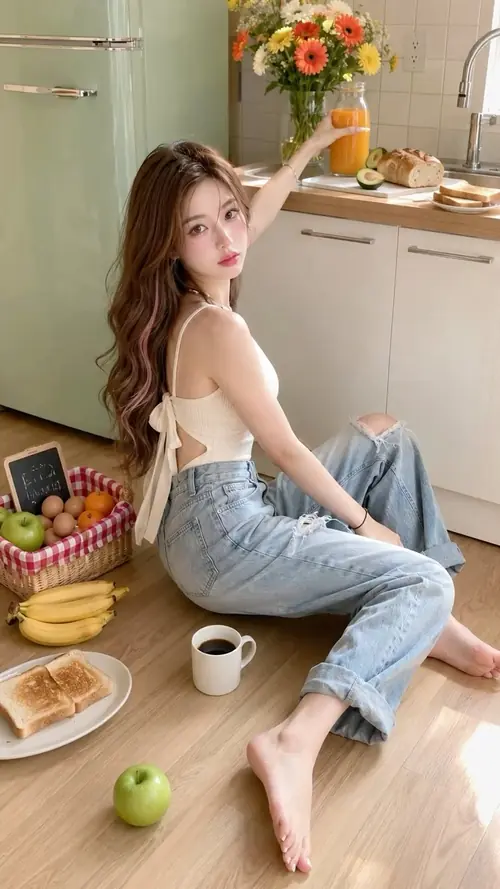 3 Thiếu nữ tóc nâu ngồi cạnh bàn bếp, áo trắng ôm nhẹ phối quần jeans nhìn nghiêng khá tự nhiên