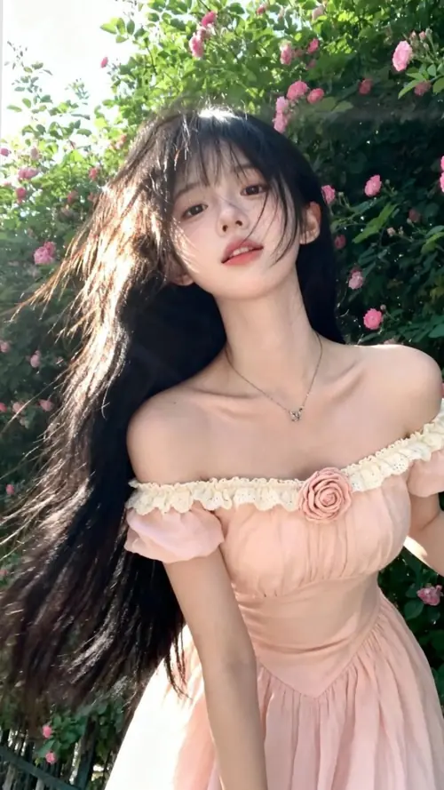 6 Bên bụi hoa hồng, cô gái diện váy hồng trễ vai, tóc đen dày và biểu cảm dịu dàng