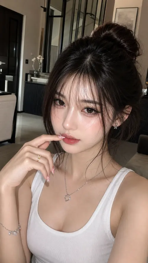 5 Áo trắng cài nút ôm vú, ghế hồng và đôi mắt nhắm nhẹ trong phòng.