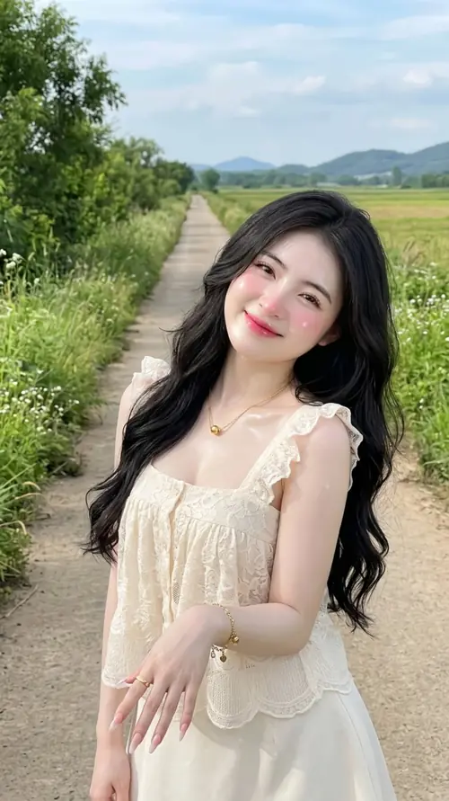 20 Giữa đường quê xanh, vẻ xinh xắn của cô gái váy kem hiện rõ khi tay giữ túi nhỏ