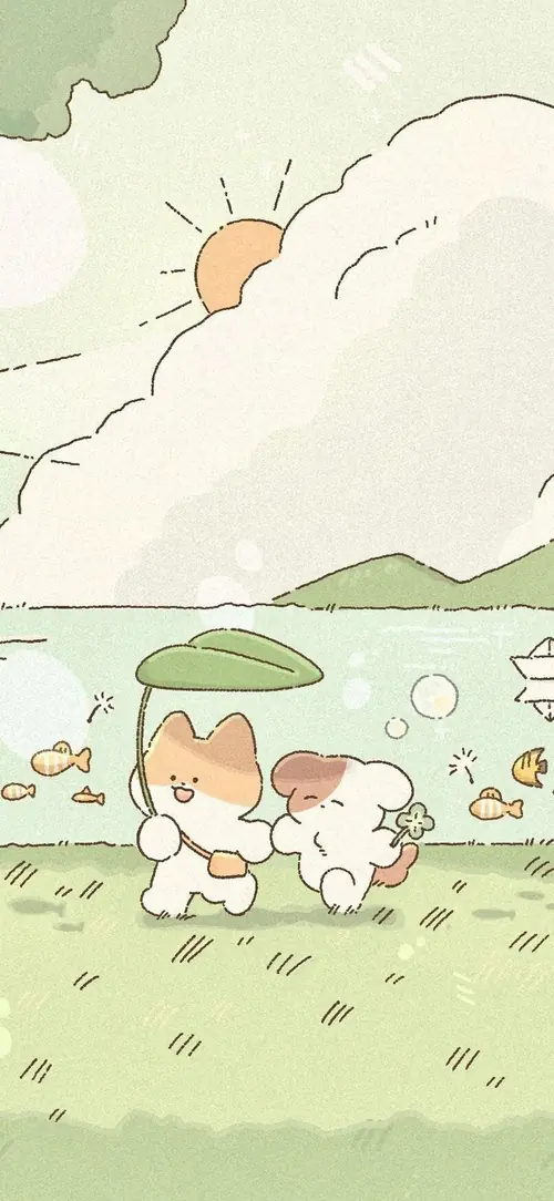 19 Hai chú mèo con đi dưới ô lá, phía sau có mặt trời và mây trắng.