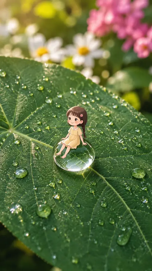 17 Cô bé tí hon ngồi trên chiếc lá ướt sương, hoa mờ sáng ở phía sau.