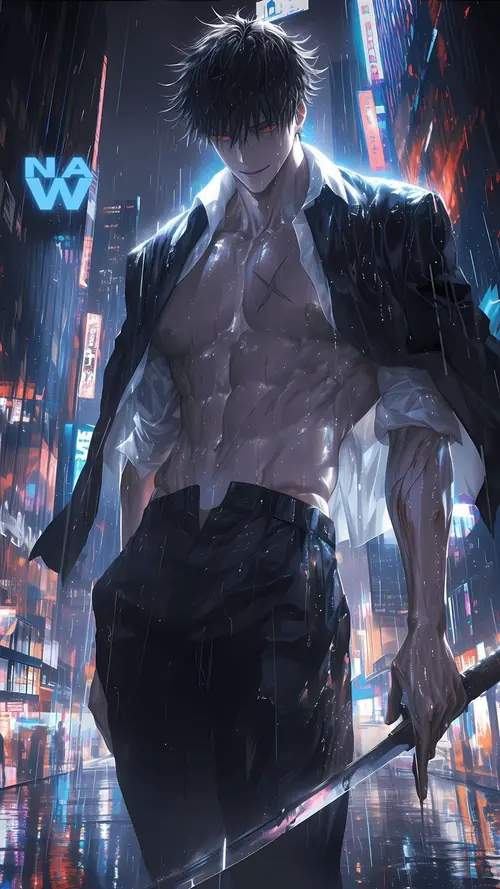 1 Chàng trai anime tóc đen đứng giữa phố đêm, áo sơ mi mở cúc và ánh nhìn nghiêm lạnh