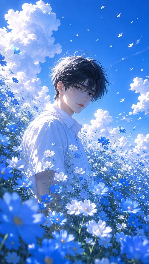 4 Giữa vườn hoa xanh rực nắng, ảnh trai anime tóc đen mặc áo trắng cúi nhìn nhẹ nhàng