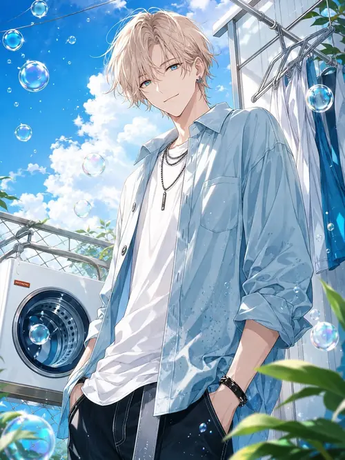 6 Bên góc sân sáng trong, anime boy tóc nâu mặc sơ mi xanh nhạt đứng cạnh máy giặt ngoài trời