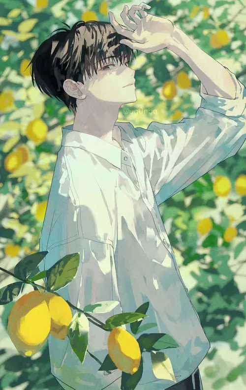 10 Dưới tán cây đầy quả vàng, nam thần anime tóc đen mặc áo sáng đưa tay che nắng