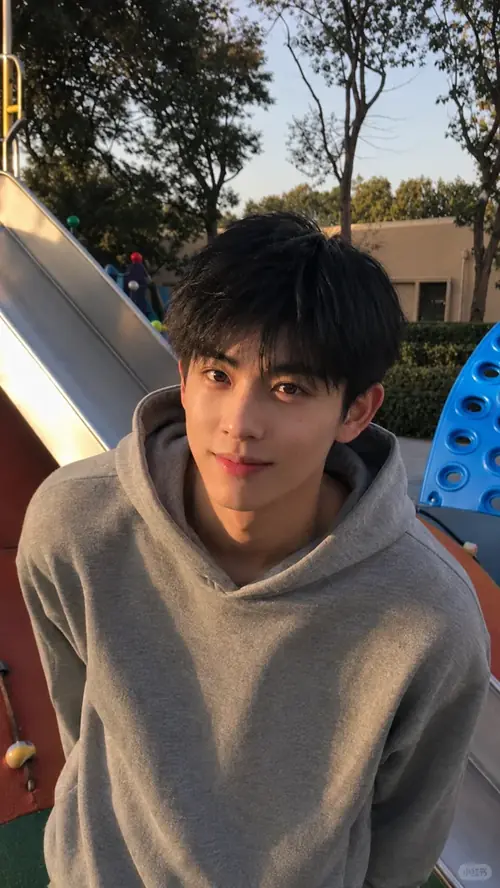 5 Nam thần mặc hoodie xám ngồi gần cửa xe, mái tóc đen rủ nhẹ và ánh nhìn hiền