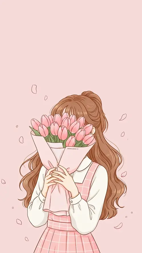 11 Cô gái tóc nâu dùng bó tulip che mặt, áo trắng nổi rõ trên nền hồng nhạt.