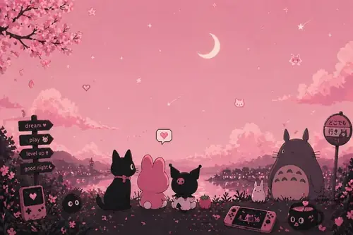 2 Bầu trời hồng lúc tối có trăng lưỡi liềm, mây nhỏ và ba bóng mèo đen.