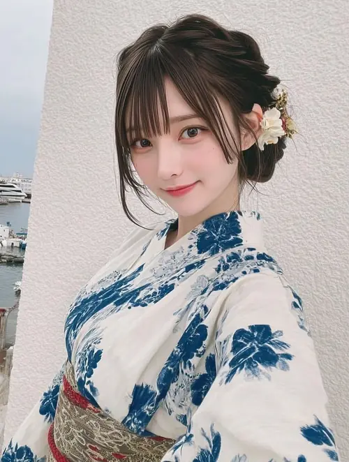 8 Trong khung chân dung sáng, cô gái yukata trắng xanh búi tóc thấp, cài hoa nhỏ cạnh tai