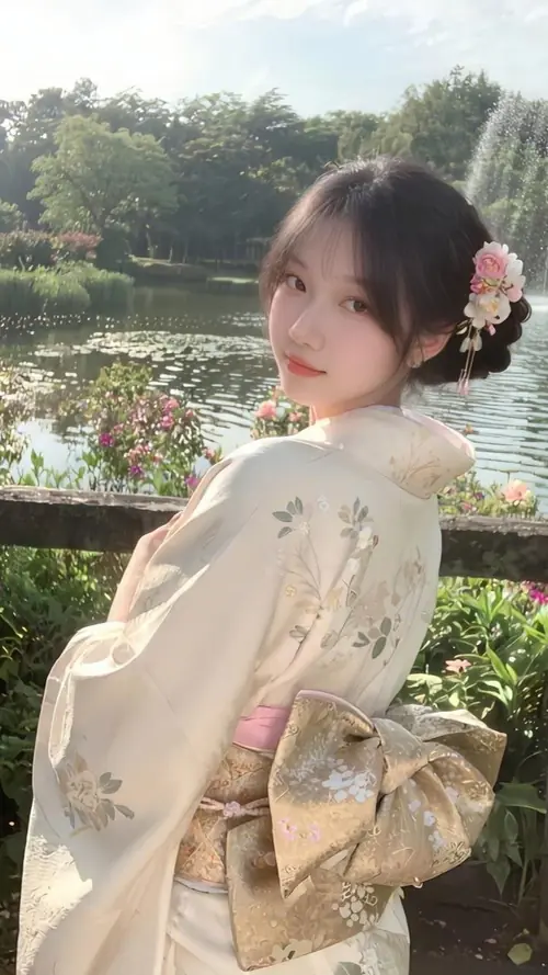 9 Người đẹp mặc kimono trắng quay nhẹ bên hồ vườn Nhật, tay áo rộng và tóc cài hoa