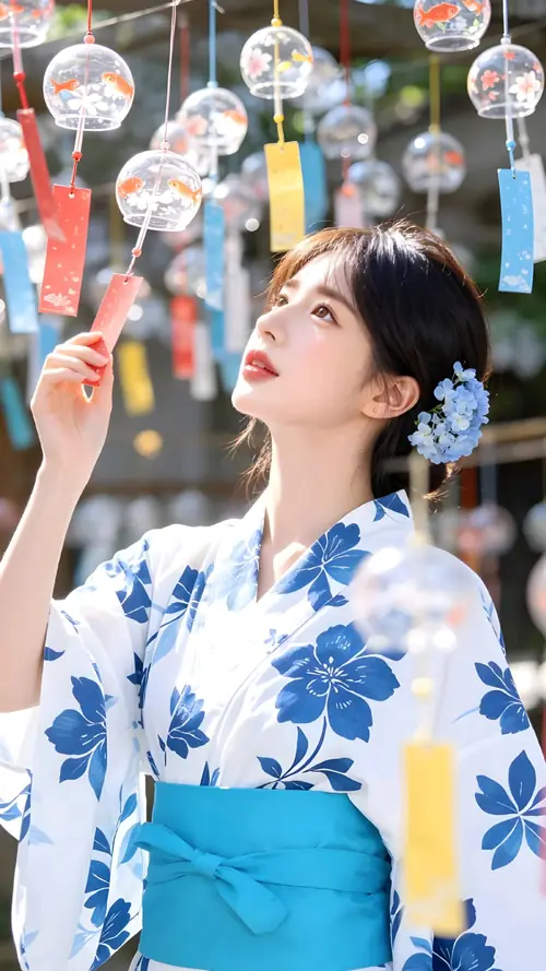 10 Dưới dãy chuông gió nhiều màu, cô gái Nhật mặc yukata xanh trắng ngước nhìn với môi hơi hé