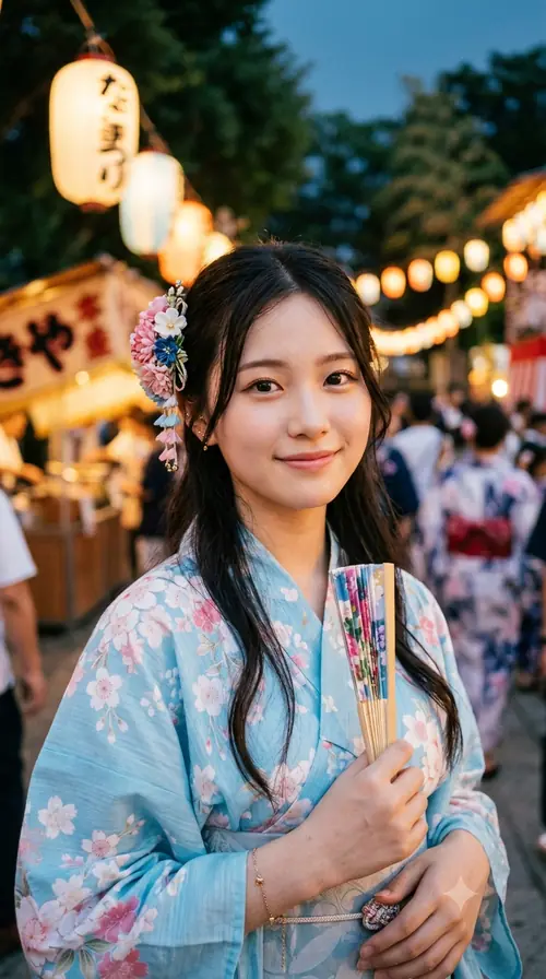 11 Cô bạn trong yukata xanh mỉm cười dưới đèn lễ hội, hai tay cầm túi nhỏ trước bụng