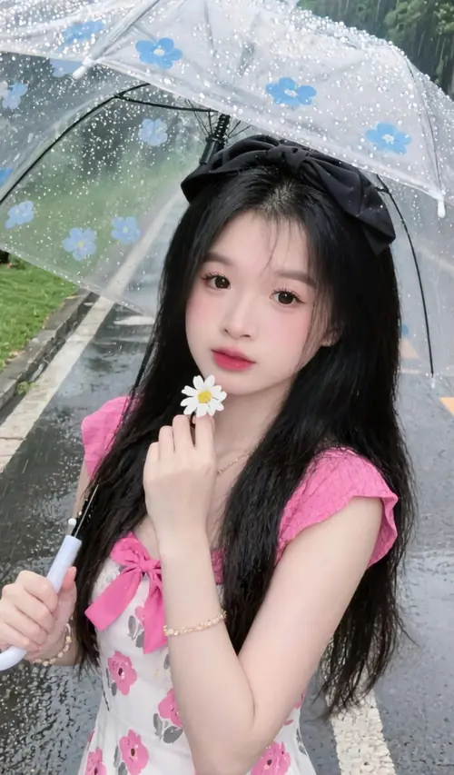 13 Cô gái cầm ô trong suốt che mưa nhẹ, áo hồng nổi lên bên bông hoa trắng