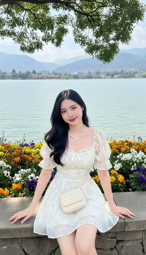 1 Cô gái váy trắng bên hồ, tóc dài mềm và nụ cười của hình ảnh gái cute dễ thương