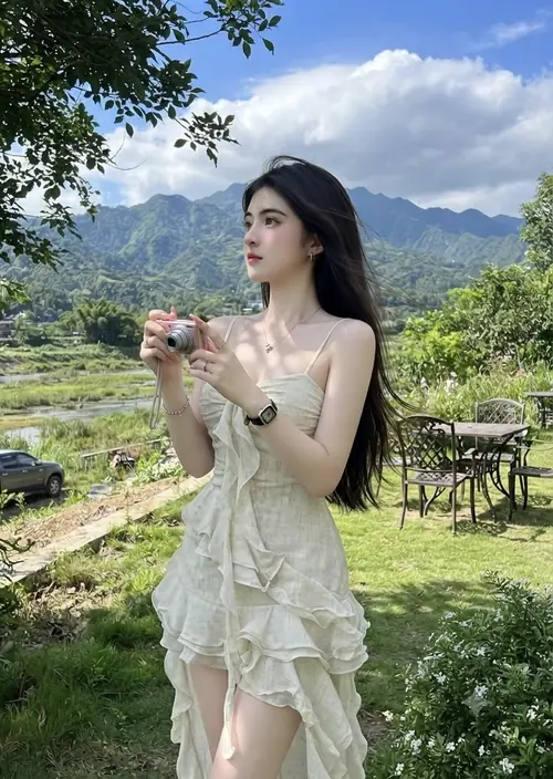 3 Cô gái váy kem đứng nghiêng giữa vườn núi, tay cầm hoa nhỏ và tóc đen buông vai