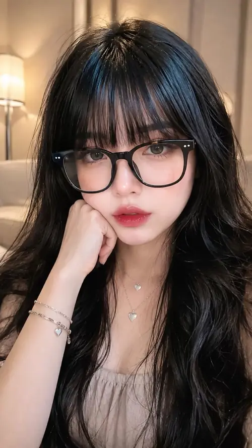 14 Cặp kính đen nổi bật trên gương mặt, thiếu nữ tóc dài chống tay bên má với son đỏ rõ nét