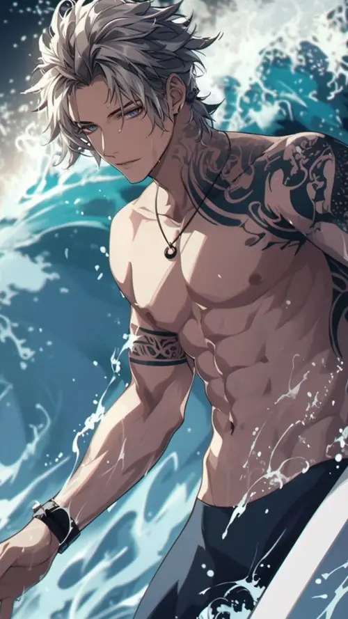 5 Chàng tóc xám giữa làn nước là nam thần anime sixpack, thân trên trần và mặt bình thản